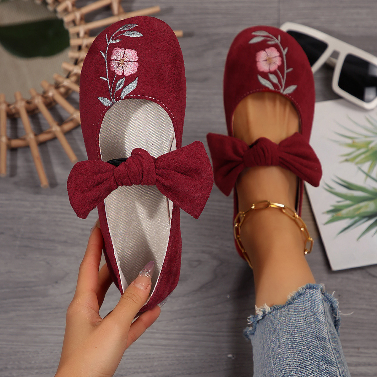 New Embroidered Bow Flat Mary Jane Shoes