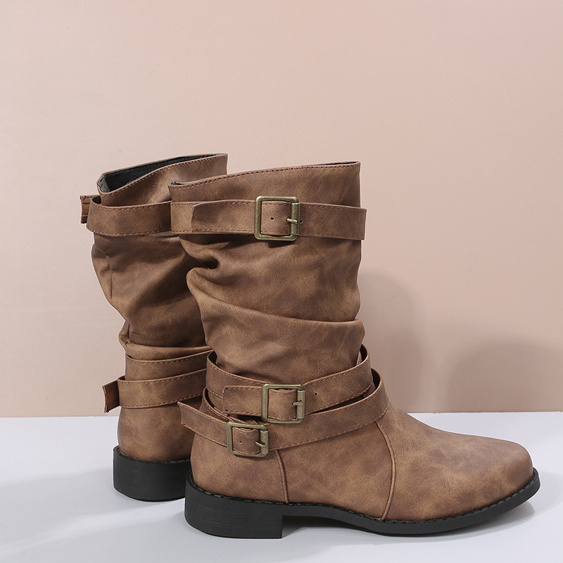 Retro Round-toe Flat Mid-calf Boots