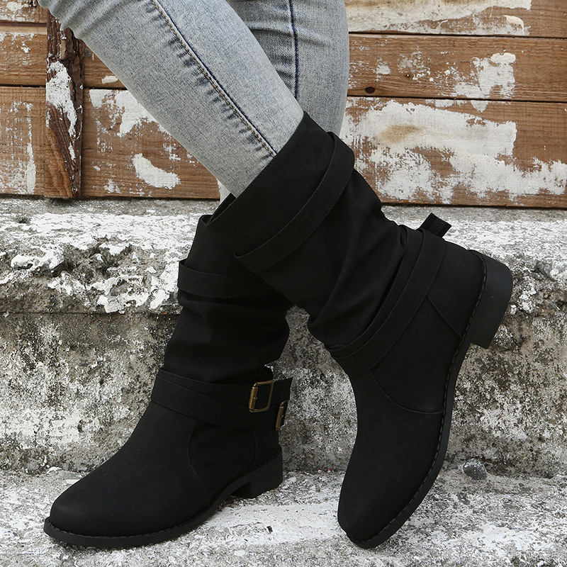 Retro Round-toe Flat Mid-calf Boots