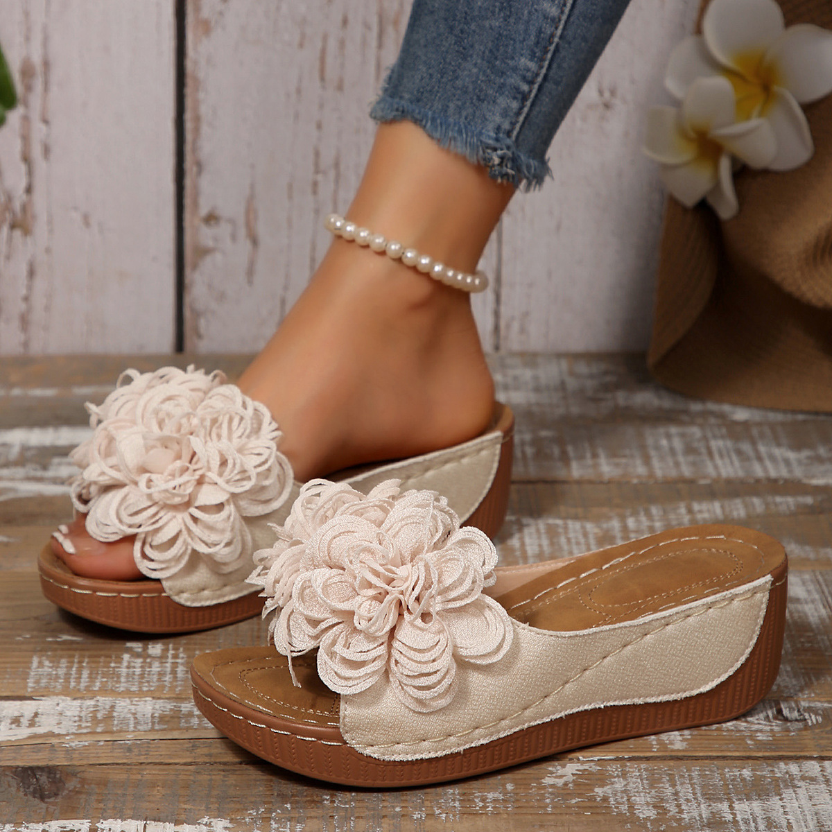 Casual Floral Wedge Open Toe Slippers
