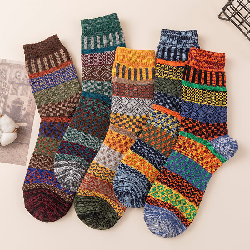 5 Pairs of Men's Thick Straight Lines Cotton Socks