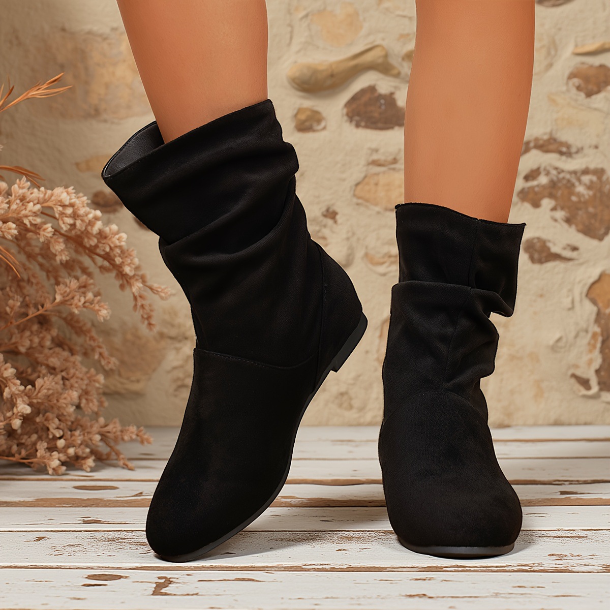 Suede round-toe slip-on vintage mid-calf boots ( BUY 2 FREE SHIPPING )