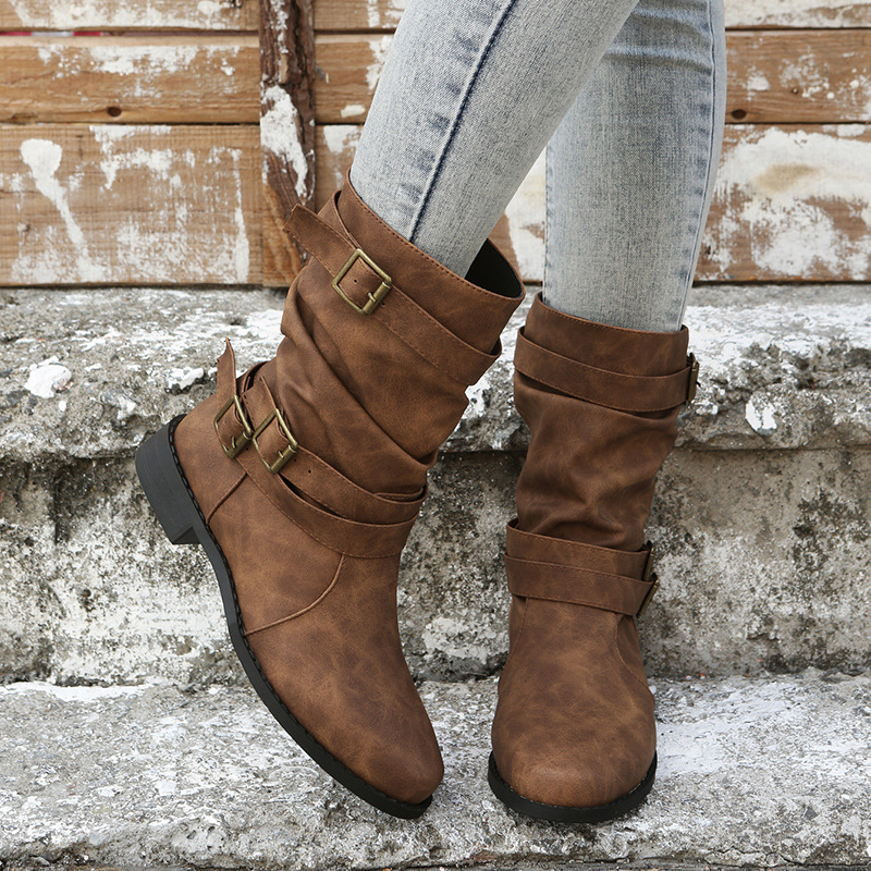 Retro Round-toe Flat Mid-calf Boots