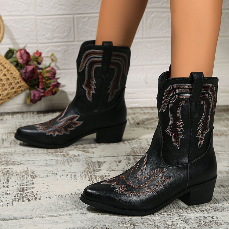 Autumn and Winter Square Heel Round Toe Embroidered Mid-calf Knight Boots