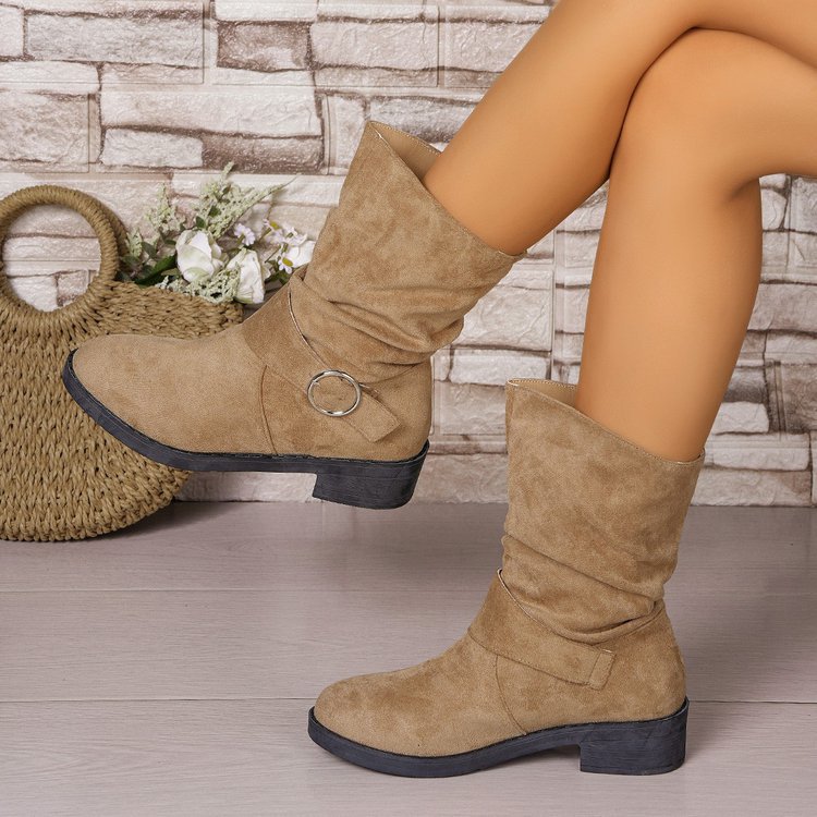Autumn and Winter Suede Square Heel Round Toe Mid-calf Boots