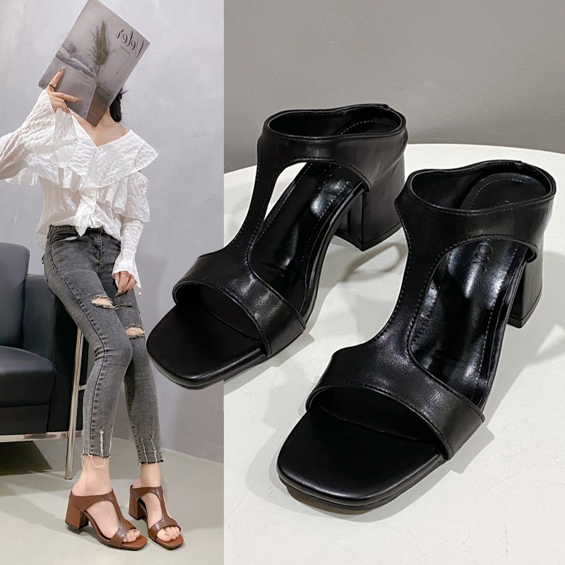 Women's Chunky Heel Classic Leather Sandals