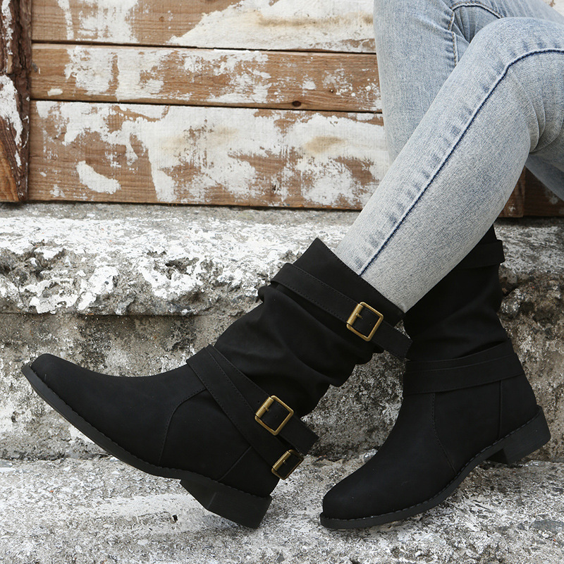 Retro Round-toe Flat Mid-calf Boots