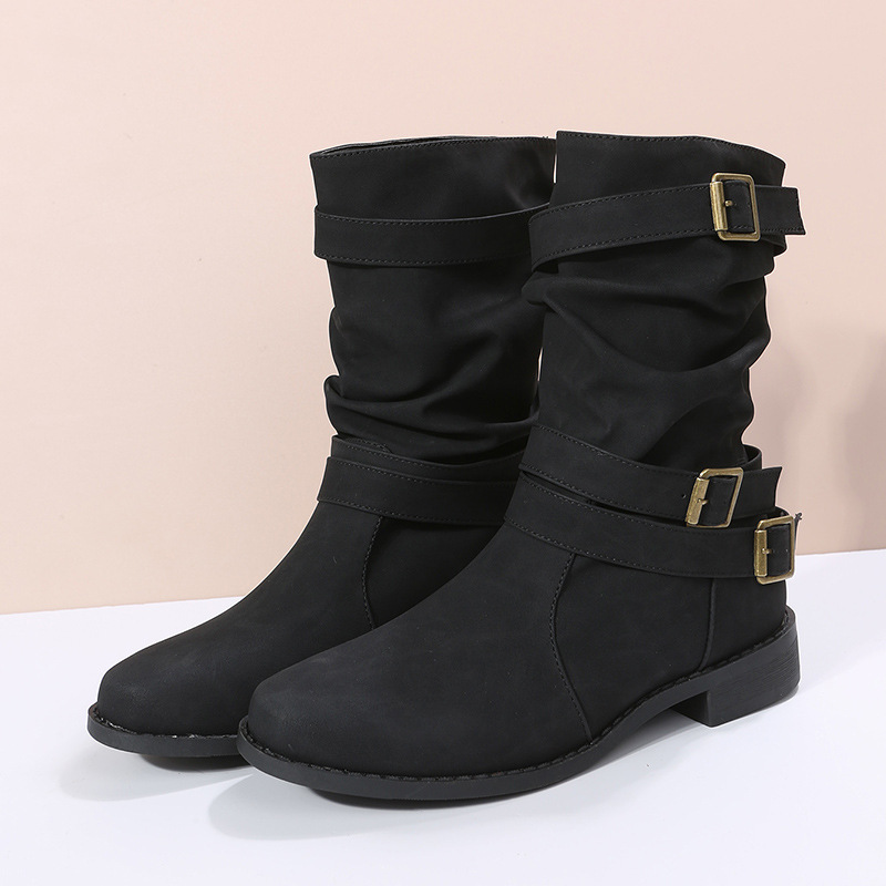 Retro Round-toe Flat Mid-calf Boots