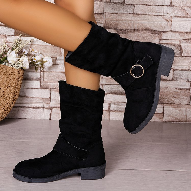 Autumn and Winter Suede Square Heel Round Toe Mid-calf Boots