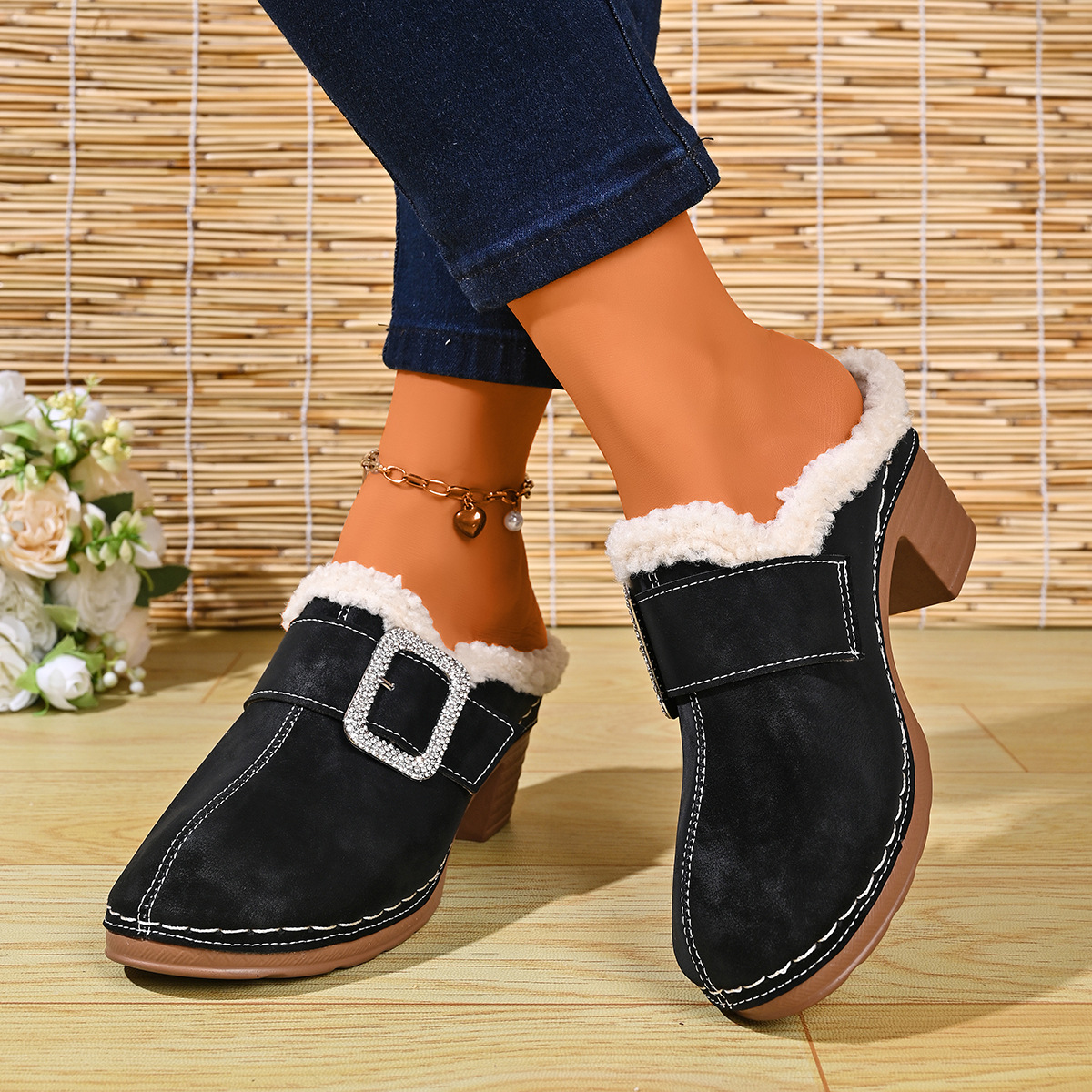 Women's Plush-Lined Rhinestone Square Buckle Warm Mule Slippers