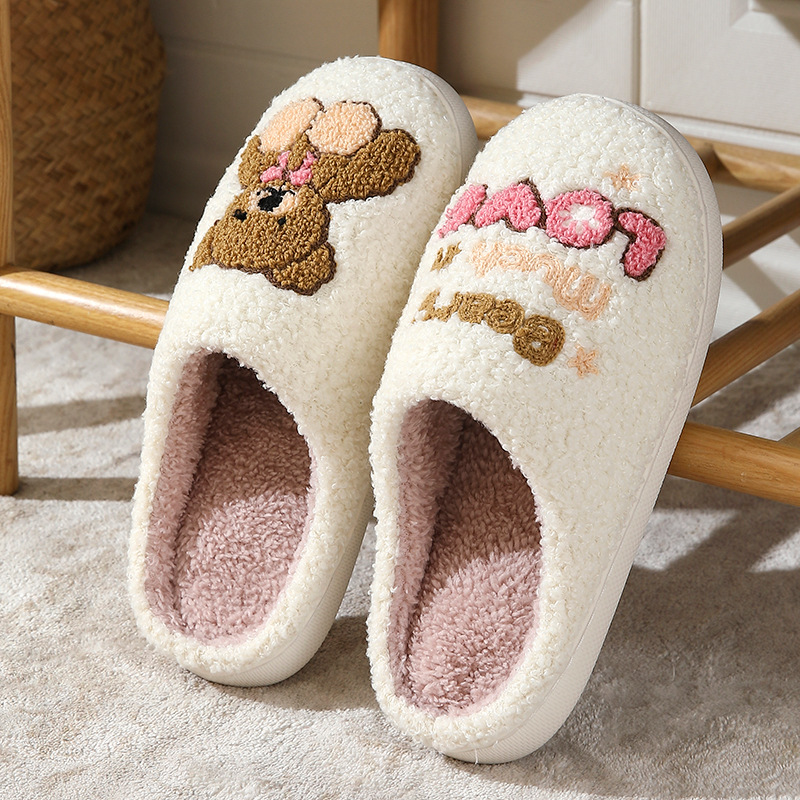 Cartoon Embroidered Bear Couple Cotton Slippers