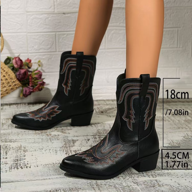 Autumn and Winter Square Heel Round Toe Embroidered Mid-calf Knight Boots