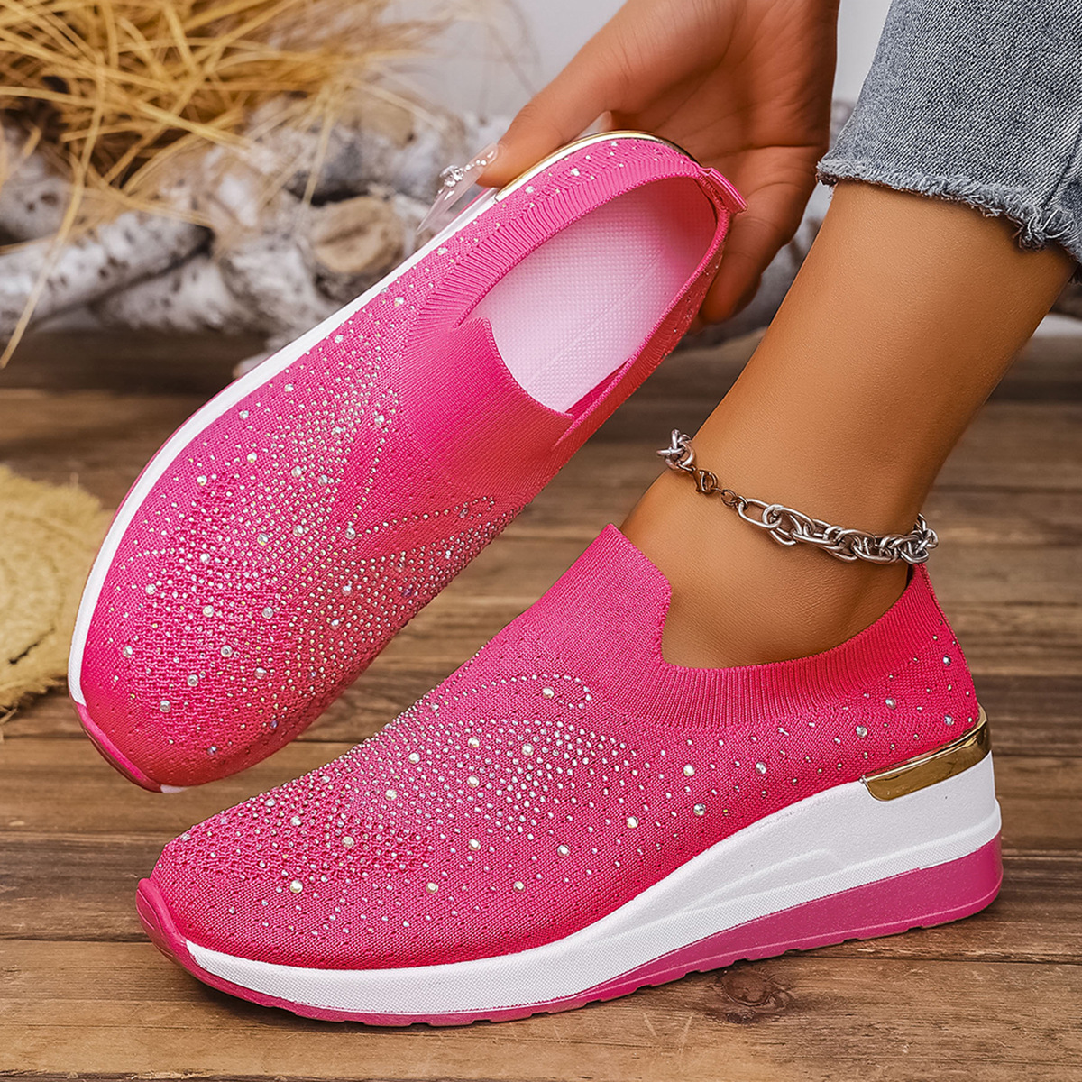 Wedge Heel Round Toe Rhinestone Slip-on Shoes