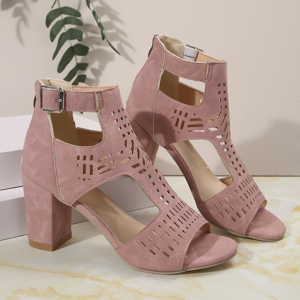 Women's Solid Color Hollow Out Chunky Heel