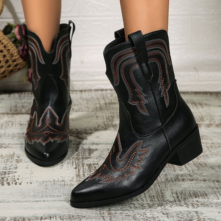 Autumn and Winter Square Heel Round Toe Embroidered Mid-calf Knight Boots