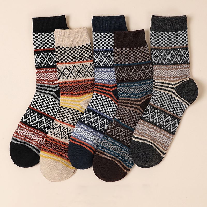 5 Pairs of Men's Double-path Diamond Pattern Cotton Socks