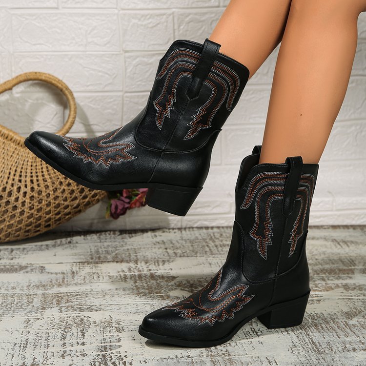 Autumn and Winter Square Heel Round Toe Embroidered Mid-calf Knight Boots