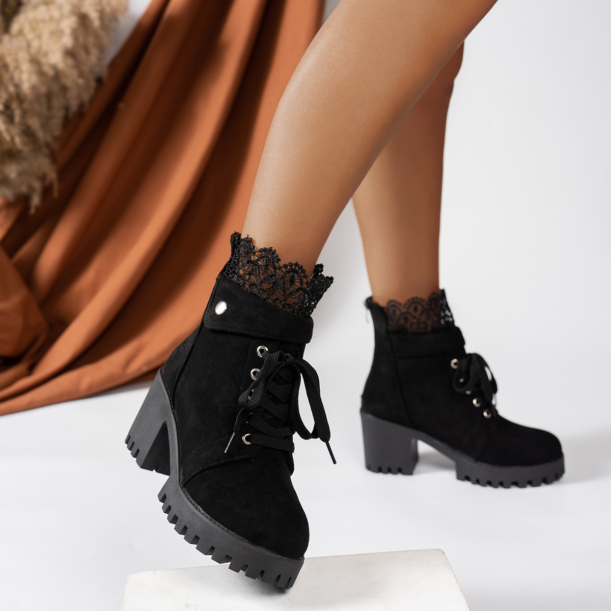 High-heeled boots with lace and buckle details ( BUY 2 FREE SHIPPING )