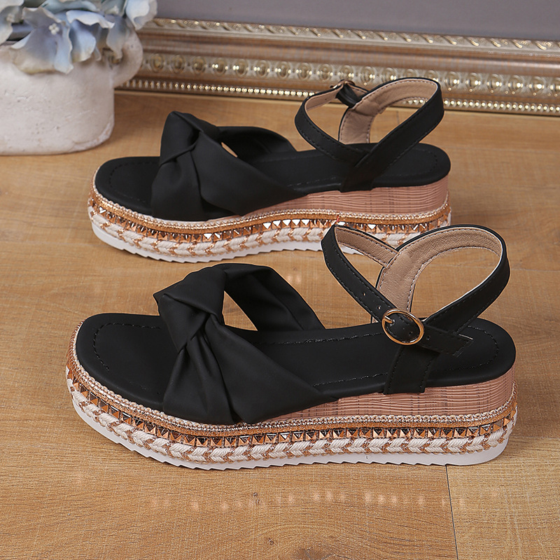 Platform Bow Hemp Rope Thick-soled Wedge Sandals