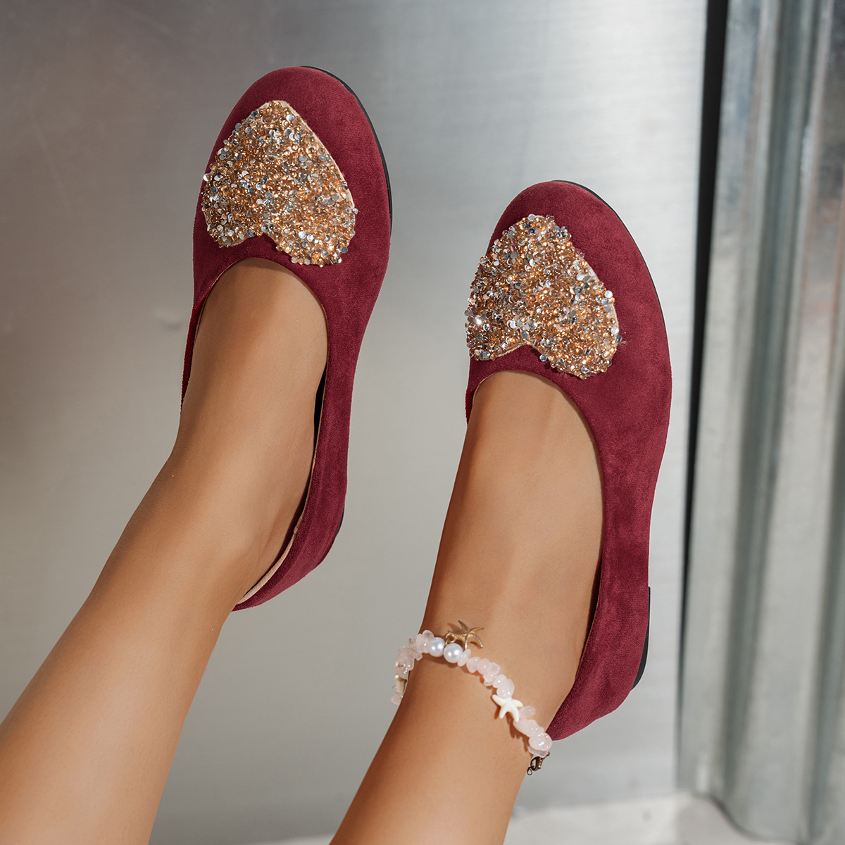 Rhinestone Suede Soft-soled Fairy-style Round-toed Flat Shoes