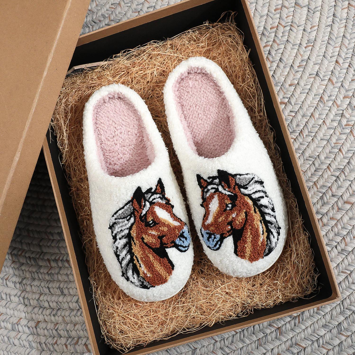 Horse Head Embroidered Couple Cotton Slippers