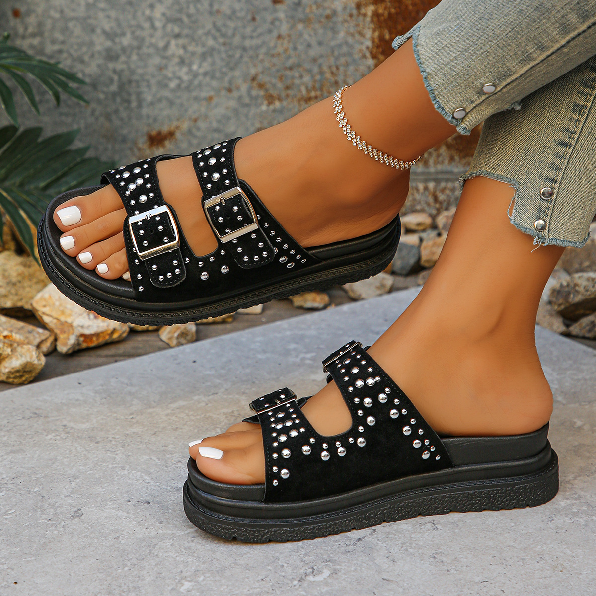 Orthopedic Sequined Platform Birkenstock Adjustable Width Slides