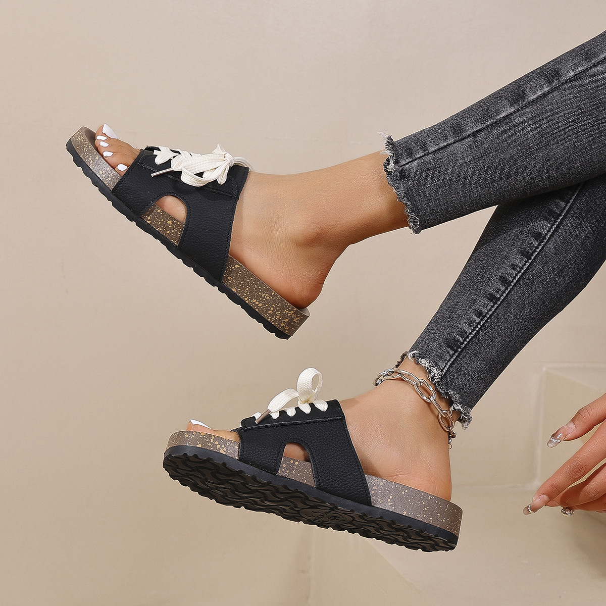 Orthopedic Flat Heel Lace-up Suede Beach Slides