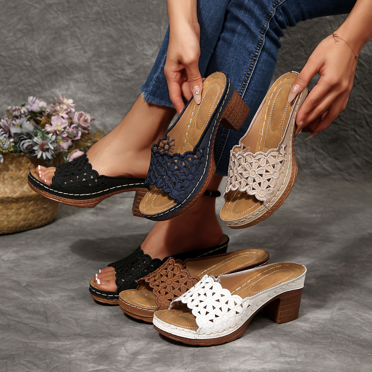 Women's New Summer Embroidered Chunky Heel Sandals