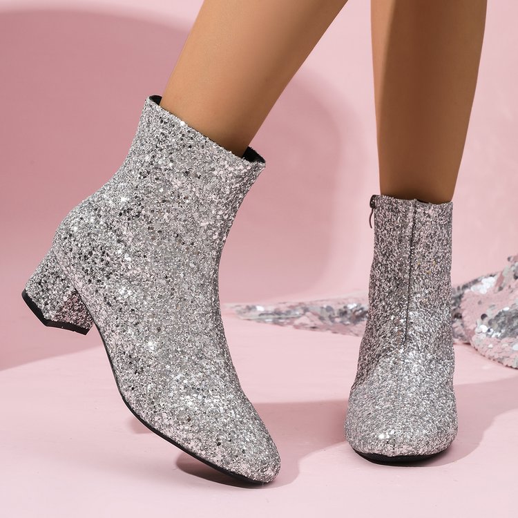 Mid-heel Sequined Side Zipper Versatile Mid-calf Boots