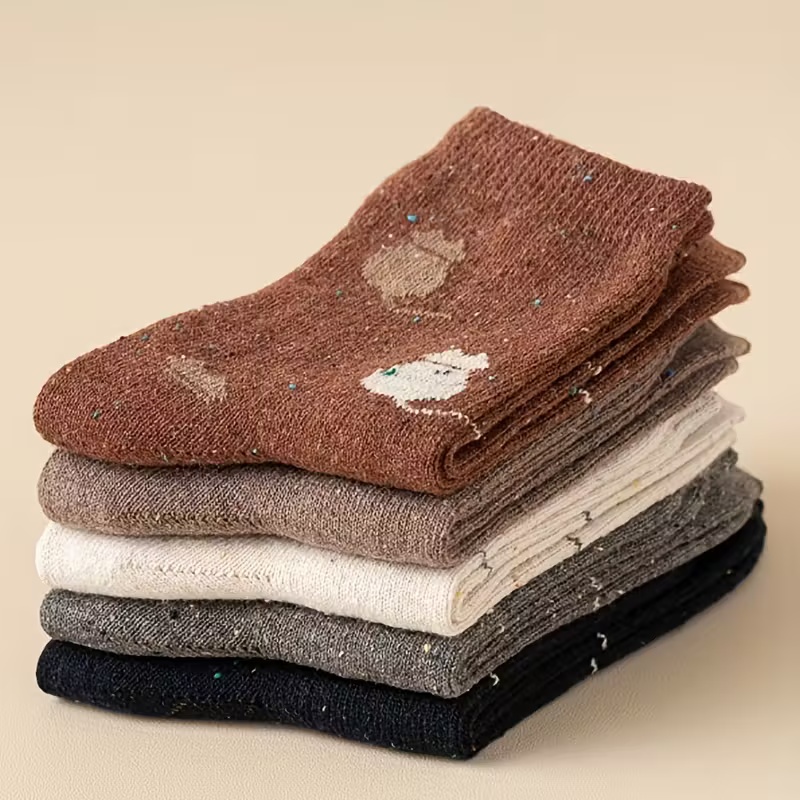 5 Pairs Women's Autumn Winter Cat Cartoon Printed Wool Blend Socks