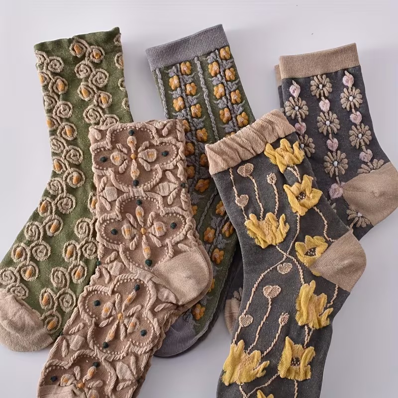 5 Pairs Women's Vintage Floral Mid-Calf Socks