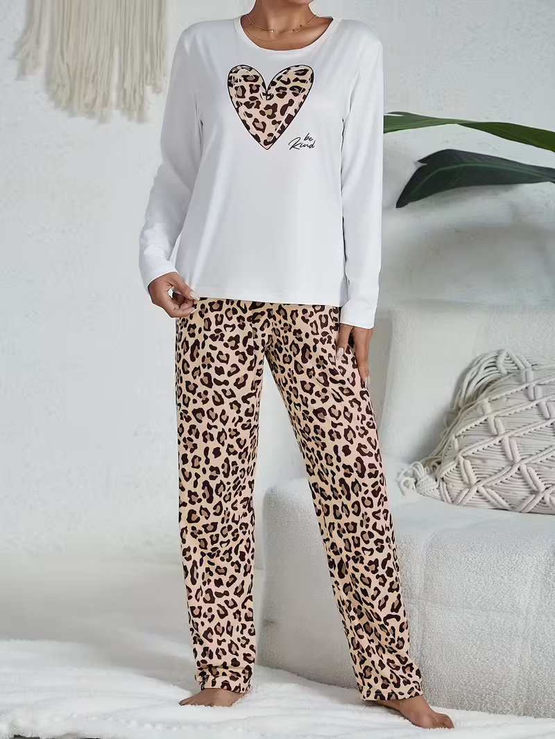 Women's Long Sleeve Leopard Print Casual Pajama Set