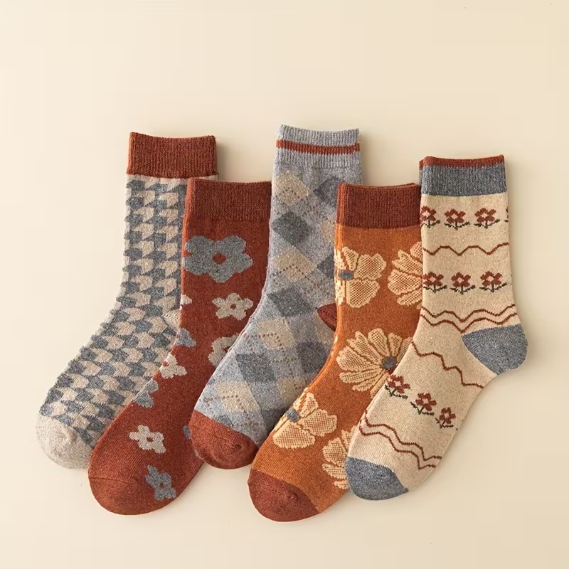 5-Pack Women's Houndstooth Jacquard Mid-Calf Wool Socks