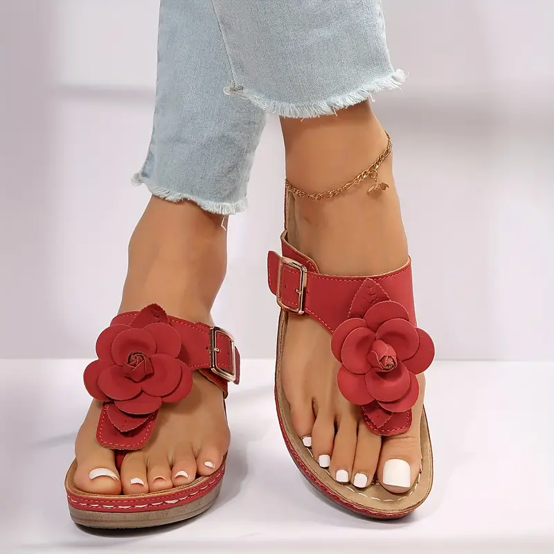 Floral-Embellished Wedge Thick-Soled Flip-Flop Sandals