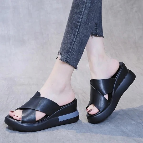 Wedge-Heel Shock-Absorbing Leather Sandals/Slipper