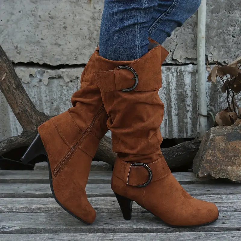 Women's Slouch Knee High Buckle Strap Side Zipper High Heeled Boots