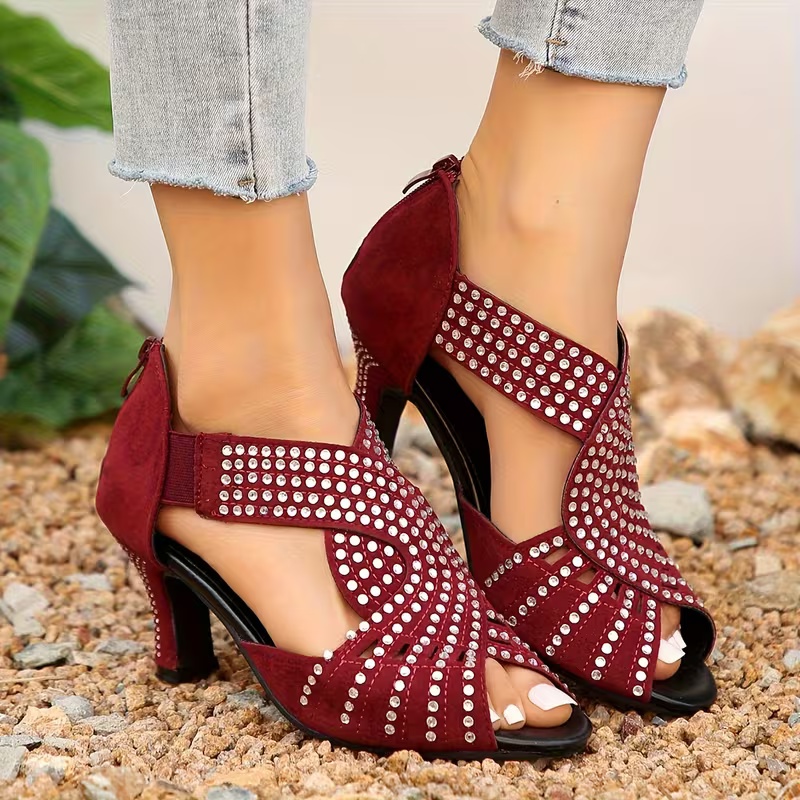 Women's Overseas Thin Heel Rhinestone Hollow Zipper Sandals