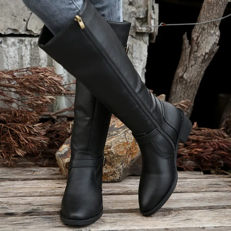 Chunky Heel Square Buckle Side Zipper Boots