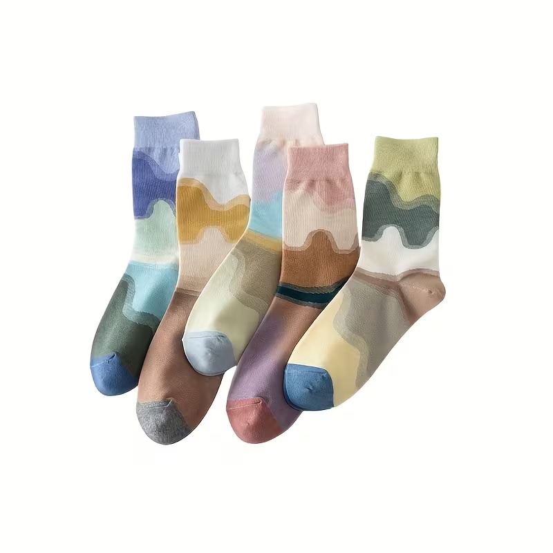 5 Pairs Of Mid-Tube Women's Contrast Color Stitching Oil Painting Socks