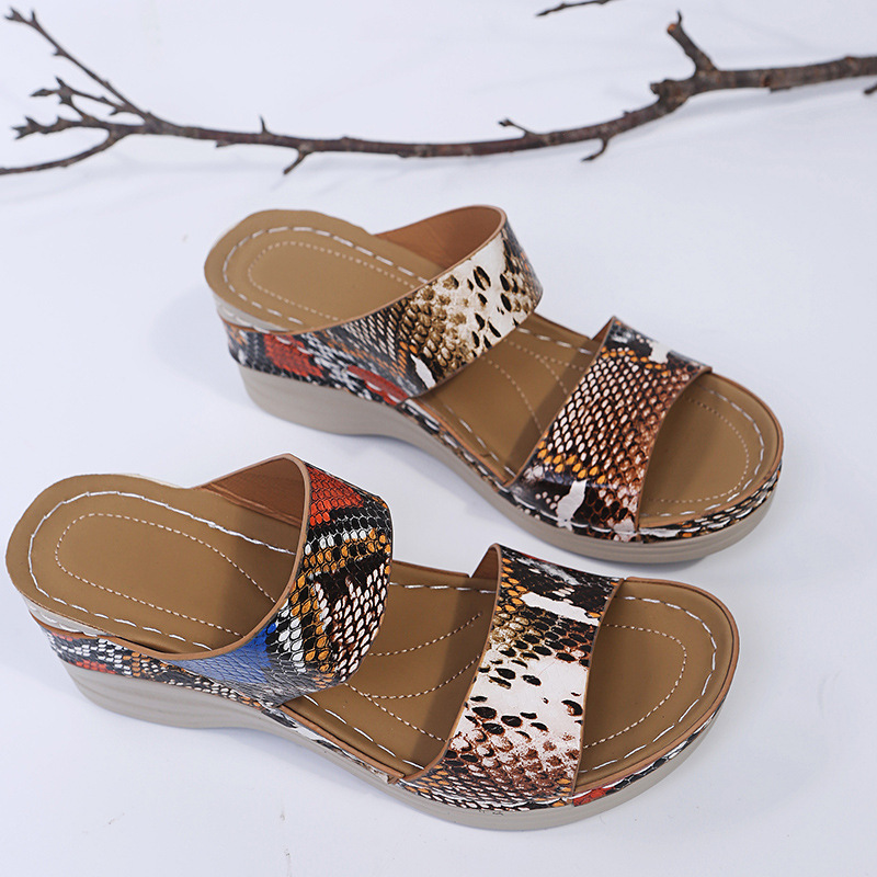 Leopard Print Leather Wedge Soft Sole Sandals