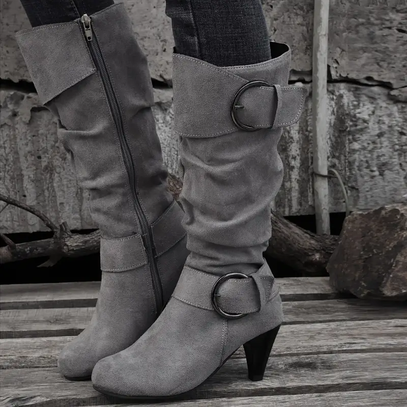 Women's Slouch Knee High Buckle Strap Side Zipper High Heeled Boots