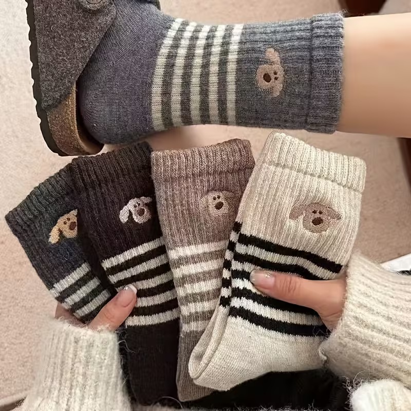 6 Pairs Women's  Elegant Striped & Plain Colors Thermal Socks