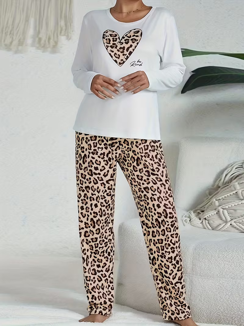 Women's Long Sleeve Leopard Print Casual Pajama Set