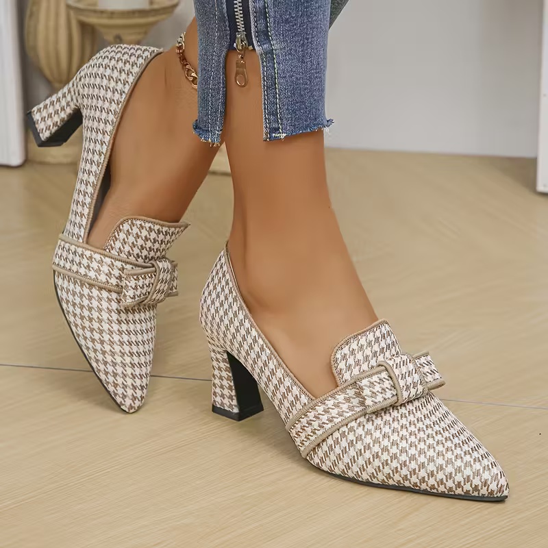 Women's Elegant And Versatile Checkered Pattern Chunky Heels Shoes