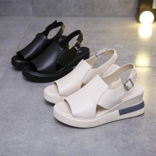Wedge-Heel Shock-Absorbing Leather Sandals/Slipper