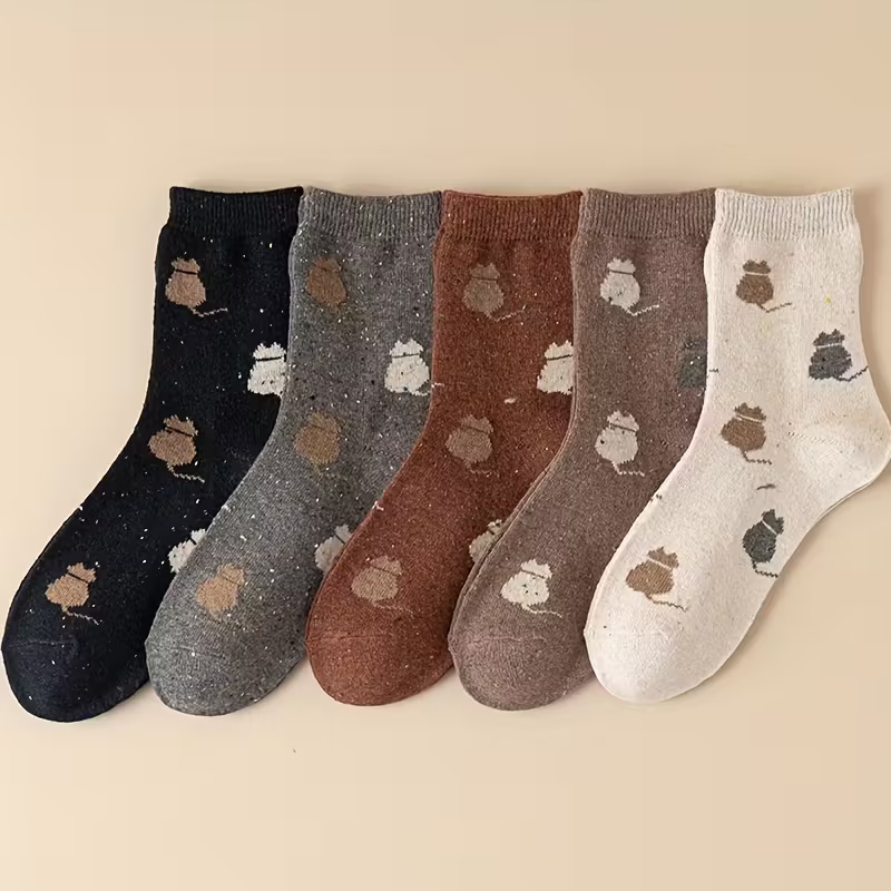 5 Pairs Women's Autumn Winter Cat Cartoon Printed Wool Blend Socks