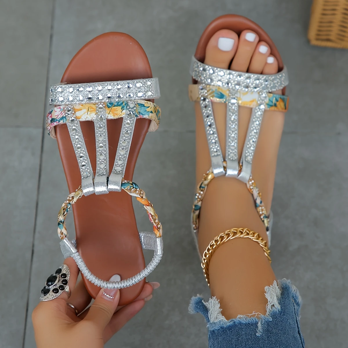Women's Rhinestone Elastic Strap Soft Sole Platform Vacation Sandals