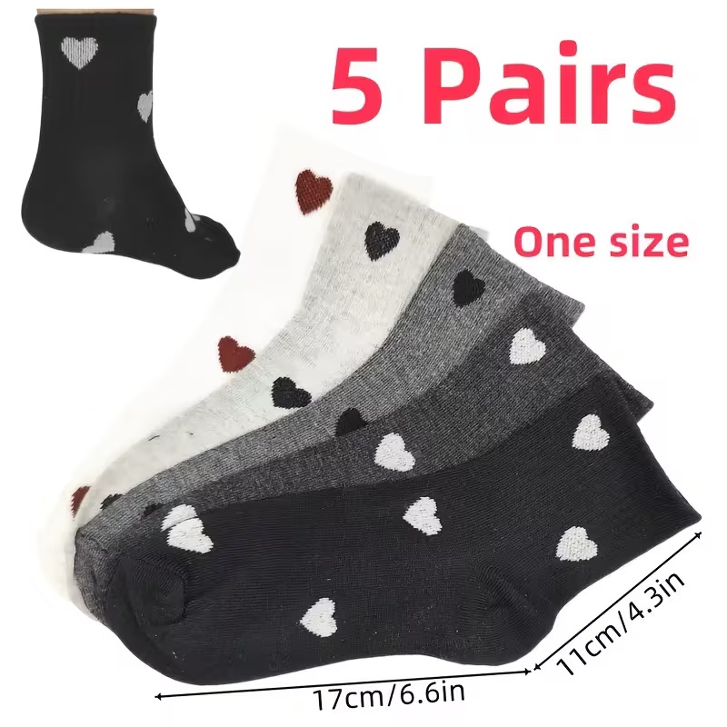 5 Pairs of Women's Mid-Calf Heart Pattern Socks