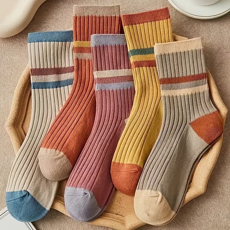 5 Pairs Women's Soft Ribbed Cuff Long Socks