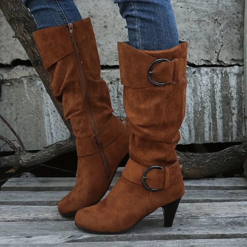 Women's Slouch Knee High Buckle Strap Side Zipper High Heeled Boots